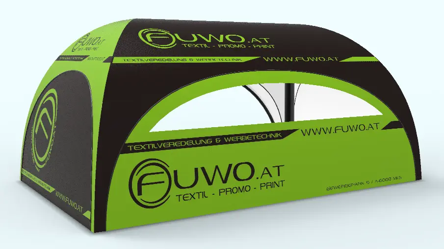 A 3D design mockup of a curved, modern inflatable event tent in black and lime-green, featuring prominent "FUWO.AT" branding and promotional text, shown on a clean light-grey studio background.